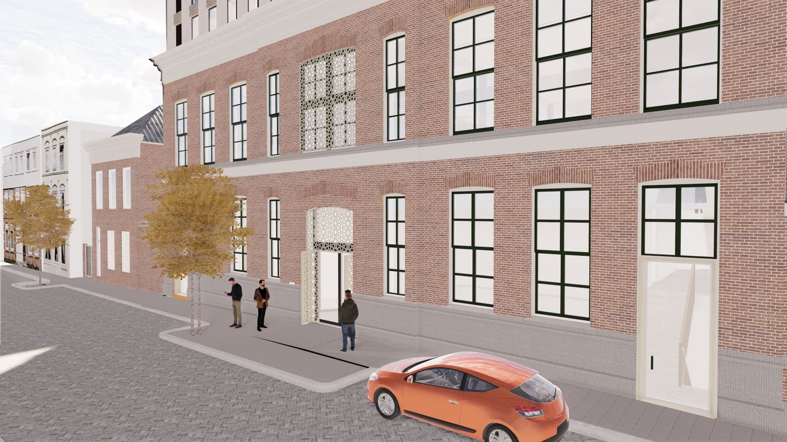 De entree van de nieuwe moskee aan de straat